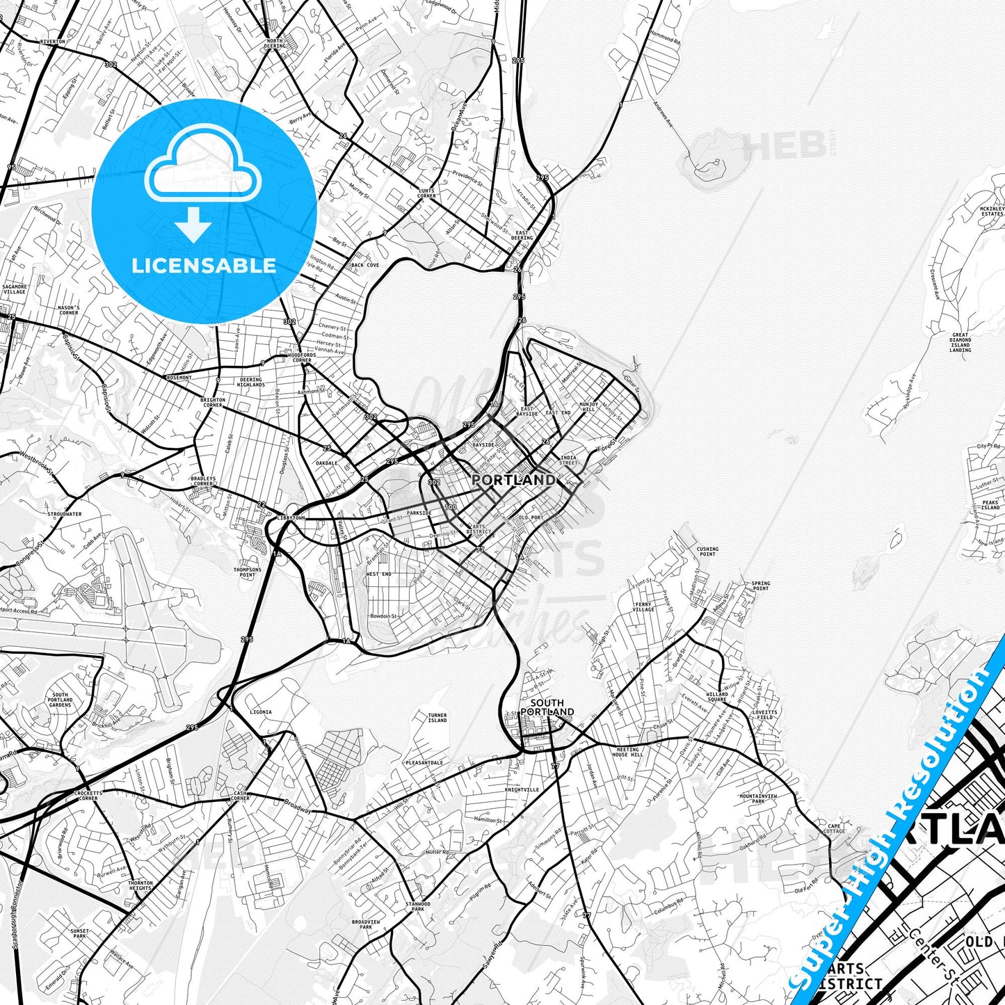 Portland, Maine Light Map with Street Names, City Names, and Districts