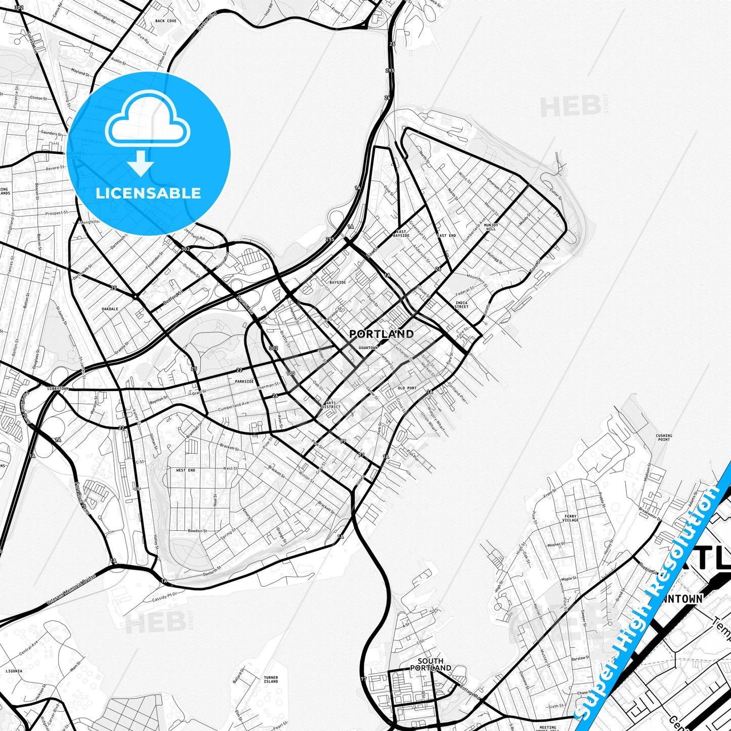 Portland, Maine Light Map with Street Names, City Names, and Districts