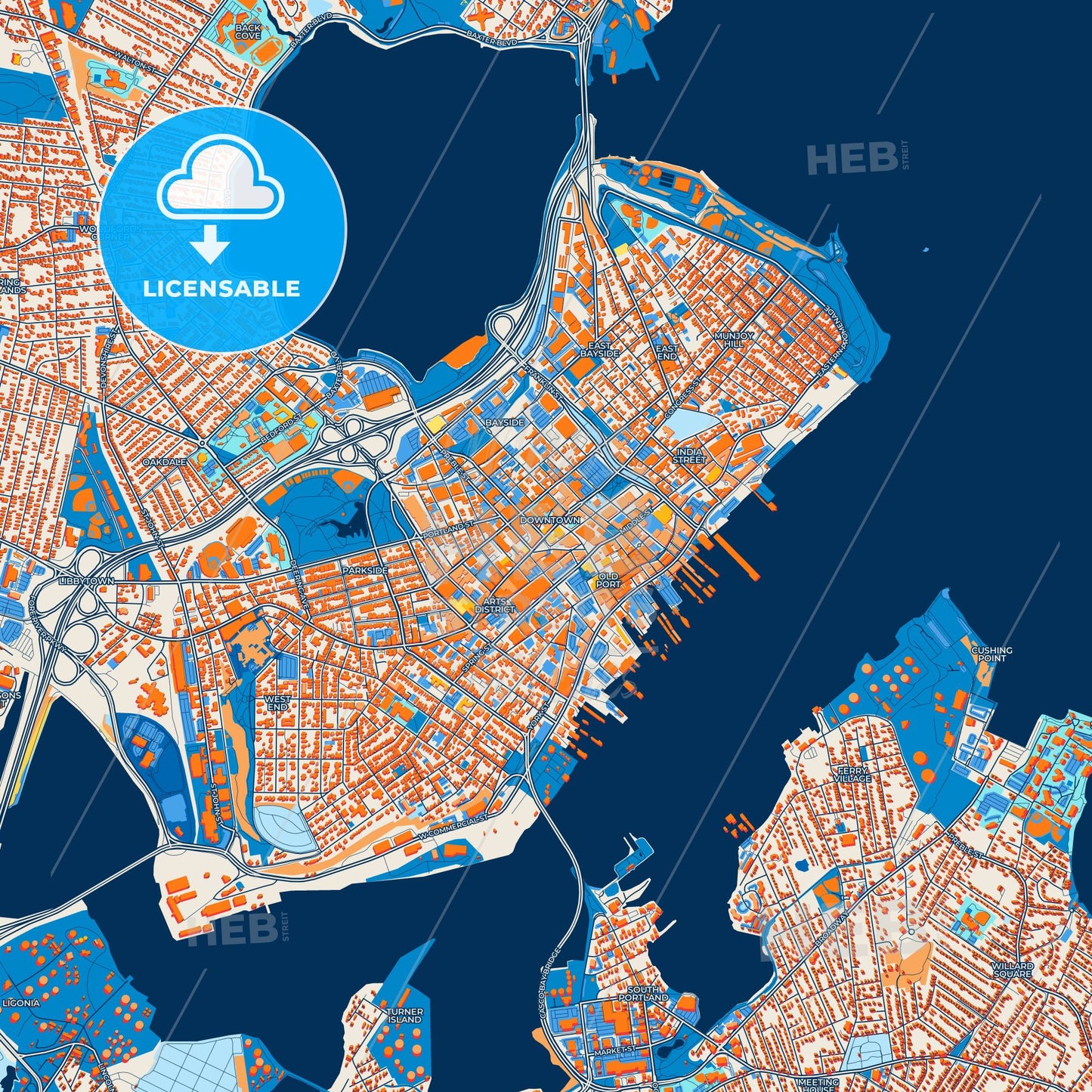 Colorful Portland Street Map with Labels and Buildings