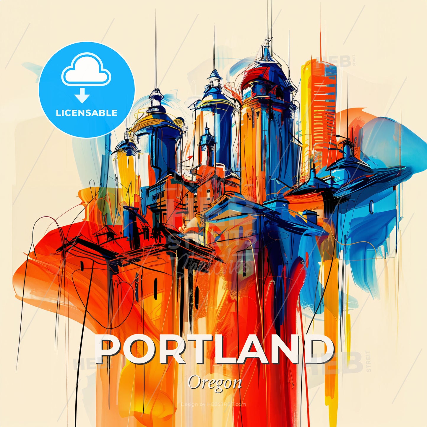 Vibrant Portland, Oregon - A Colorful Cityscape With Towers And Buildings - Square format print template