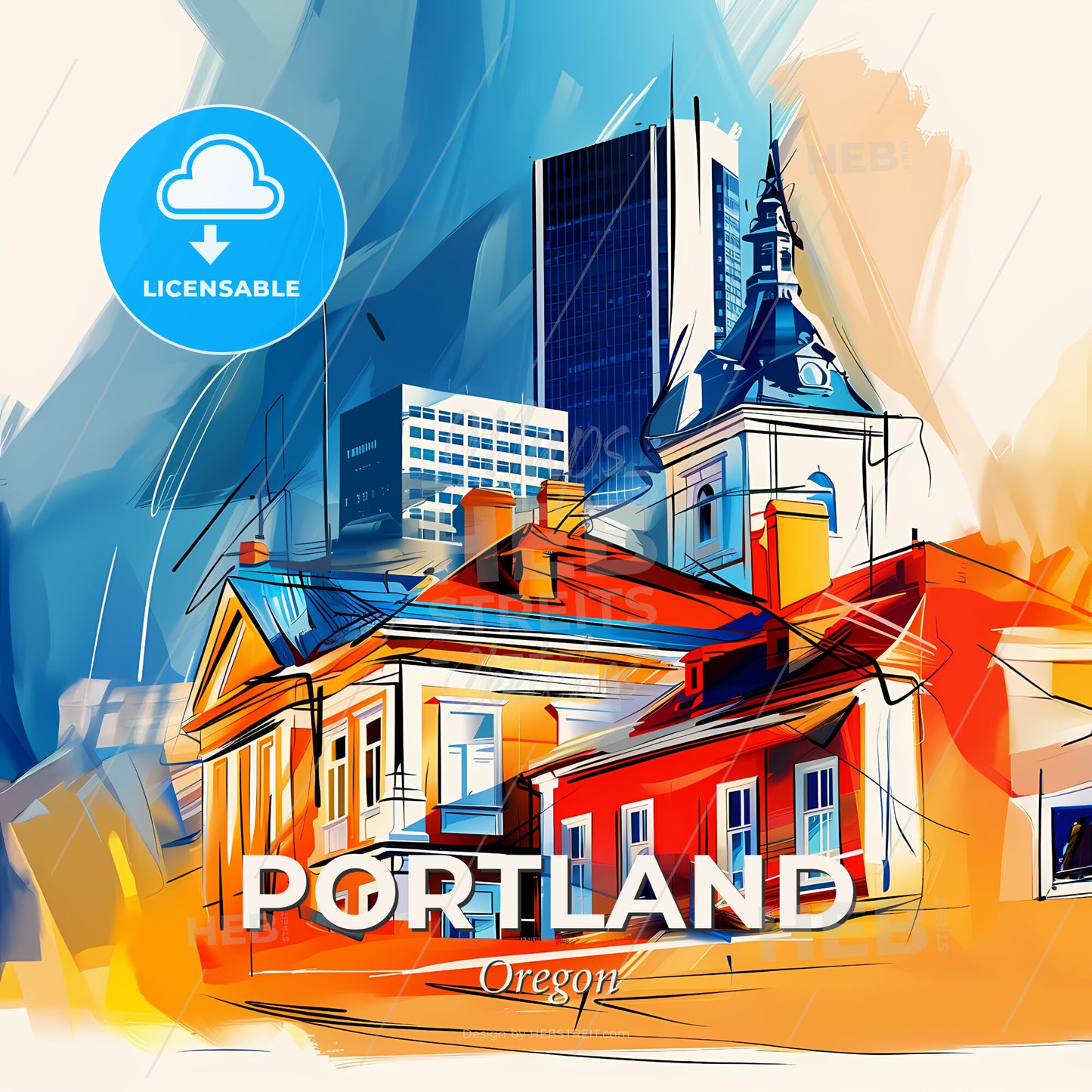Vibrant Portland, Oregon - A Building With A Tower And A Tall Building In The Background - Square format print template