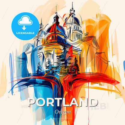 Vibrant Portland, Oregon - A Drawing Of A Building - Square format print template