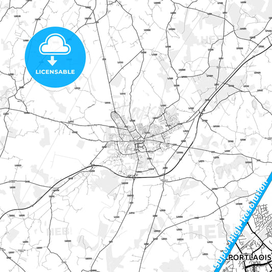 Port Laoise, Ireland light map with streetnames, citynames and districts