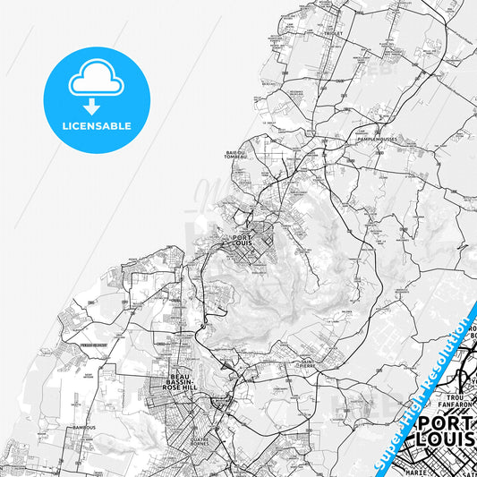 Port Louis, Mauritius light map with streetnames, citynames and districts