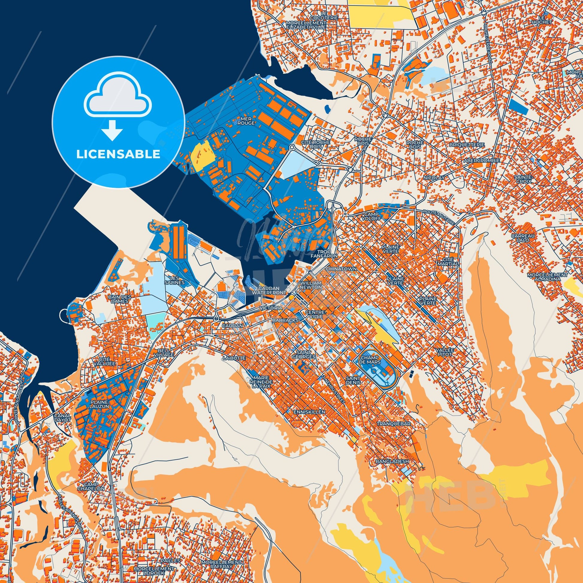 Colorful Port Louis Street Map with Labels and Buildings