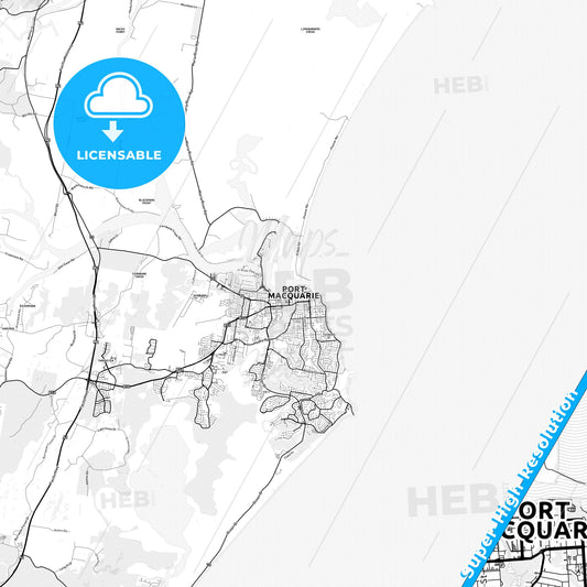 Port Macquarie, Australia light map with streetnames, citynames and districts