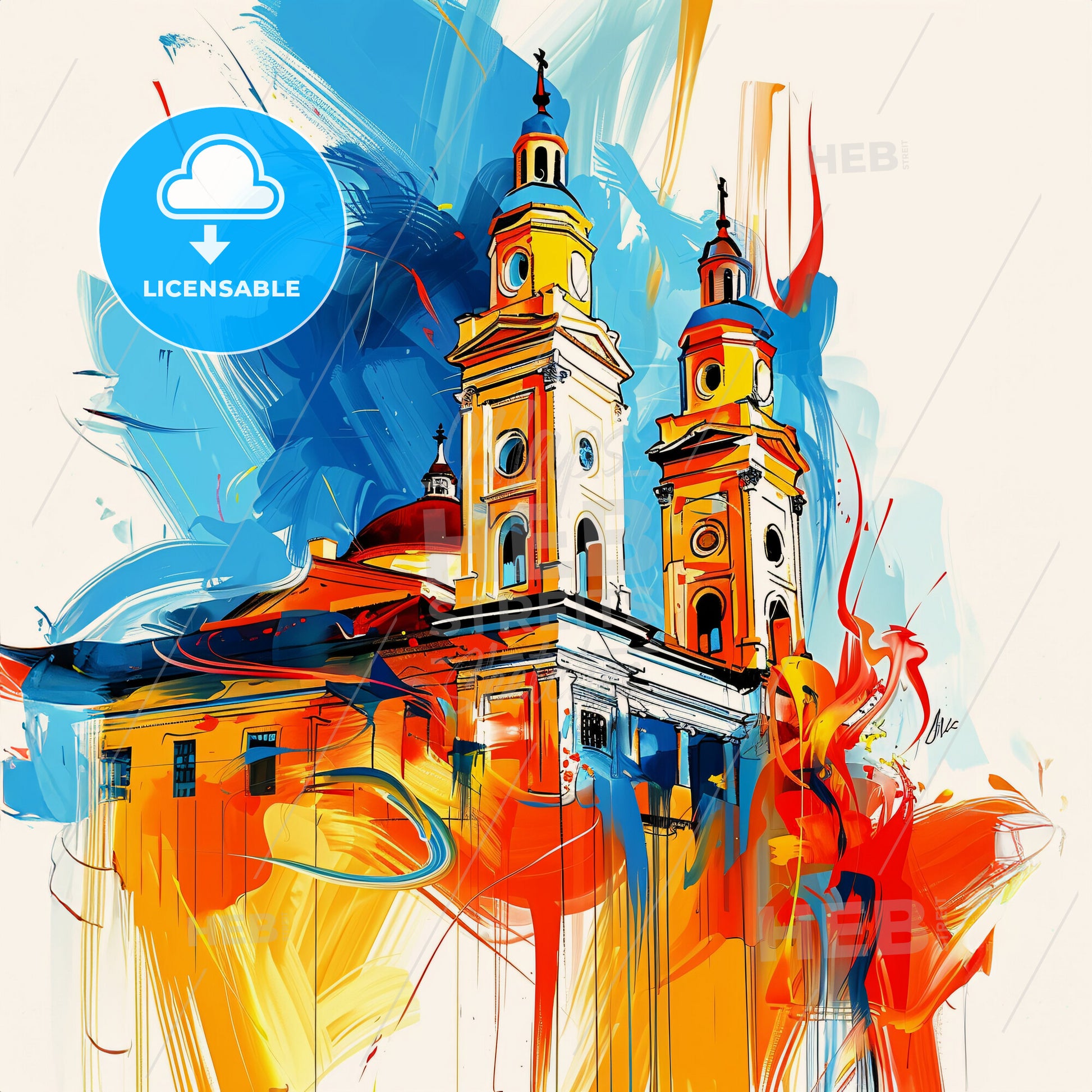 Vibrant Portmore, Jamaica - A Painting Of A Building With Towers And A Colorful Background