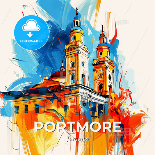 Vibrant Portmore, Jamaica - A Painting Of A Building With Towers And A Colorful Background - Square format print template