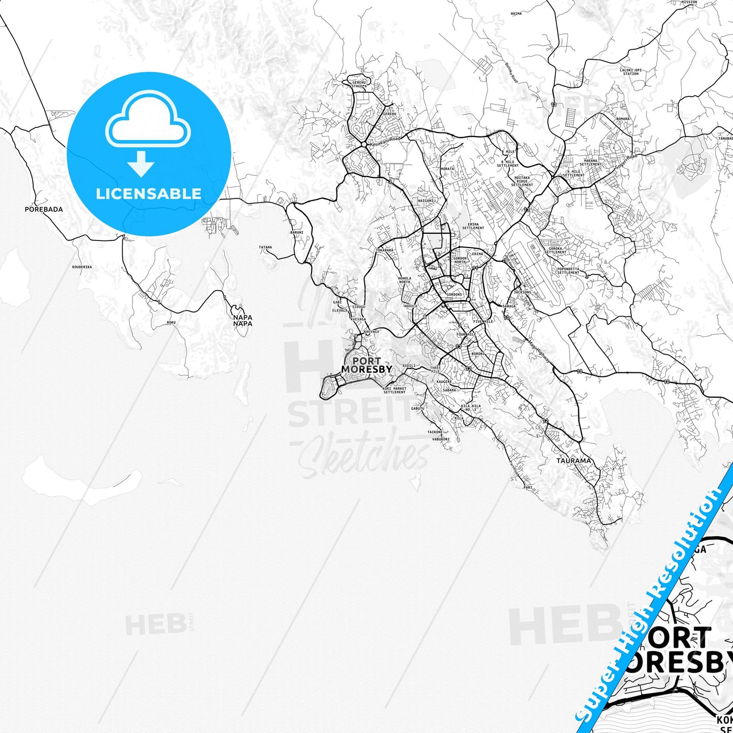 Port Moresby, Papua New Guinea light map with streetnames, citynames and districts