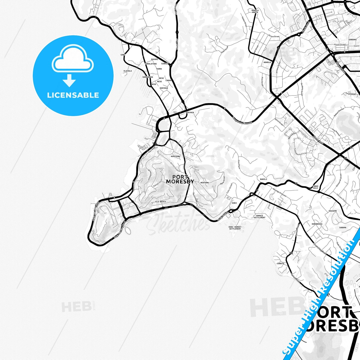 Port Moresby, Papua New Guinea Light Map with Street Names, City Names, and Districts