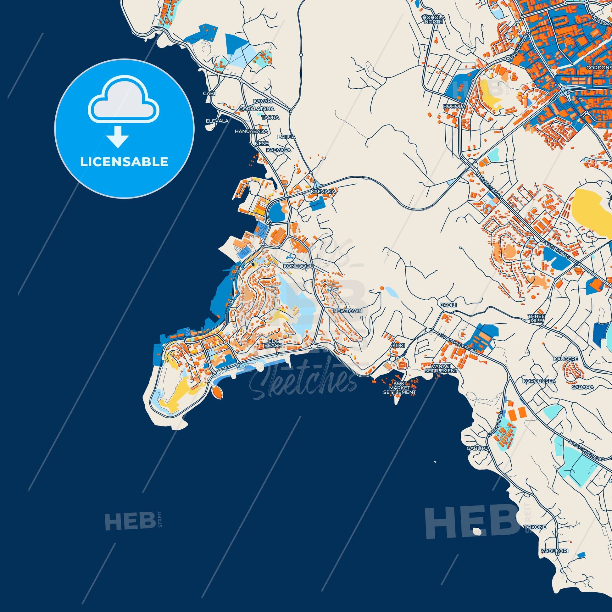 Colorful Port Moresby Street Map with Labels and Buildings