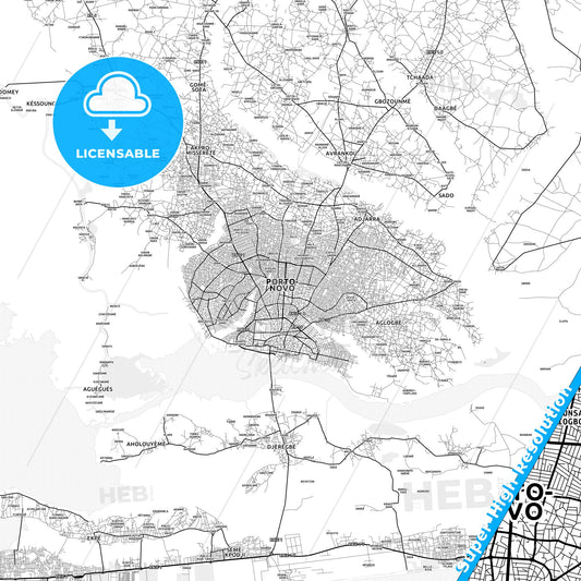 Porto-Novo, Benin light map with streetnames, citynames and districts