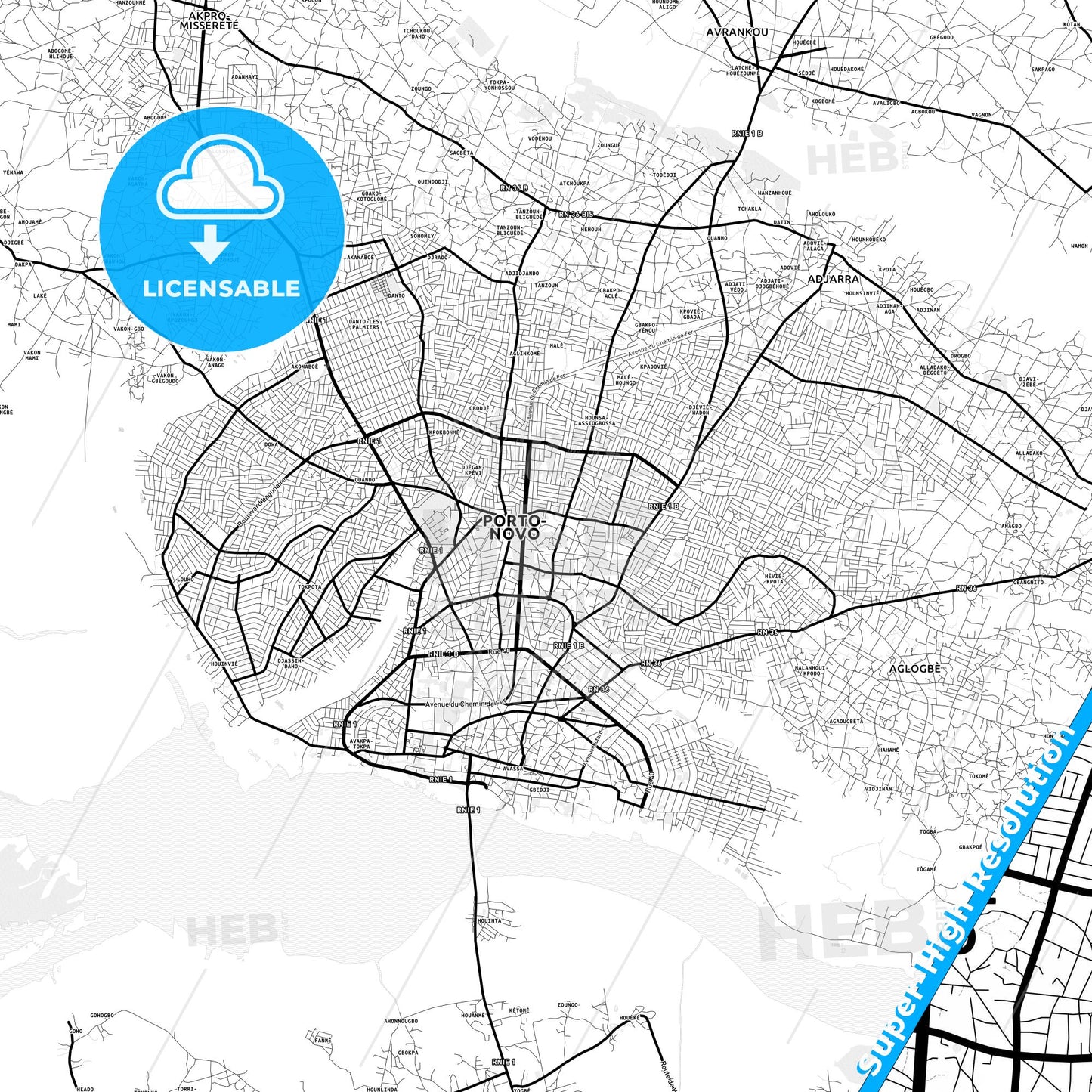 Porto-Novo, Benin Light Map with Street Names, City Names, and Districts