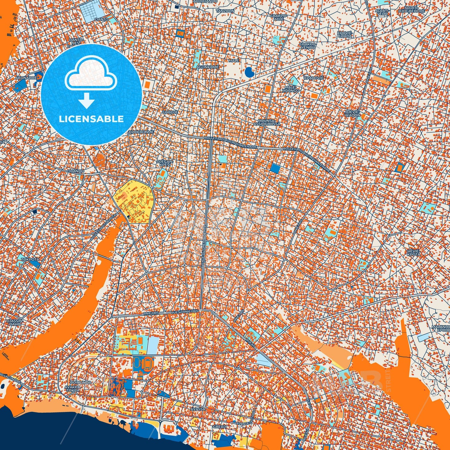 Colorful Porto-Novo Street Map with Labels and Buildings