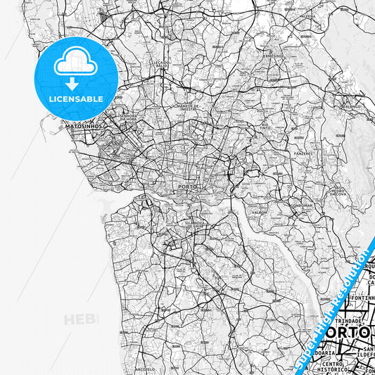 Porto, Portugal light map with streetnames, citynames and districts