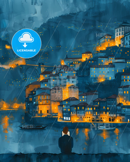Porto Skyline Art: Colorful Cityscape Painting with Lone Figure