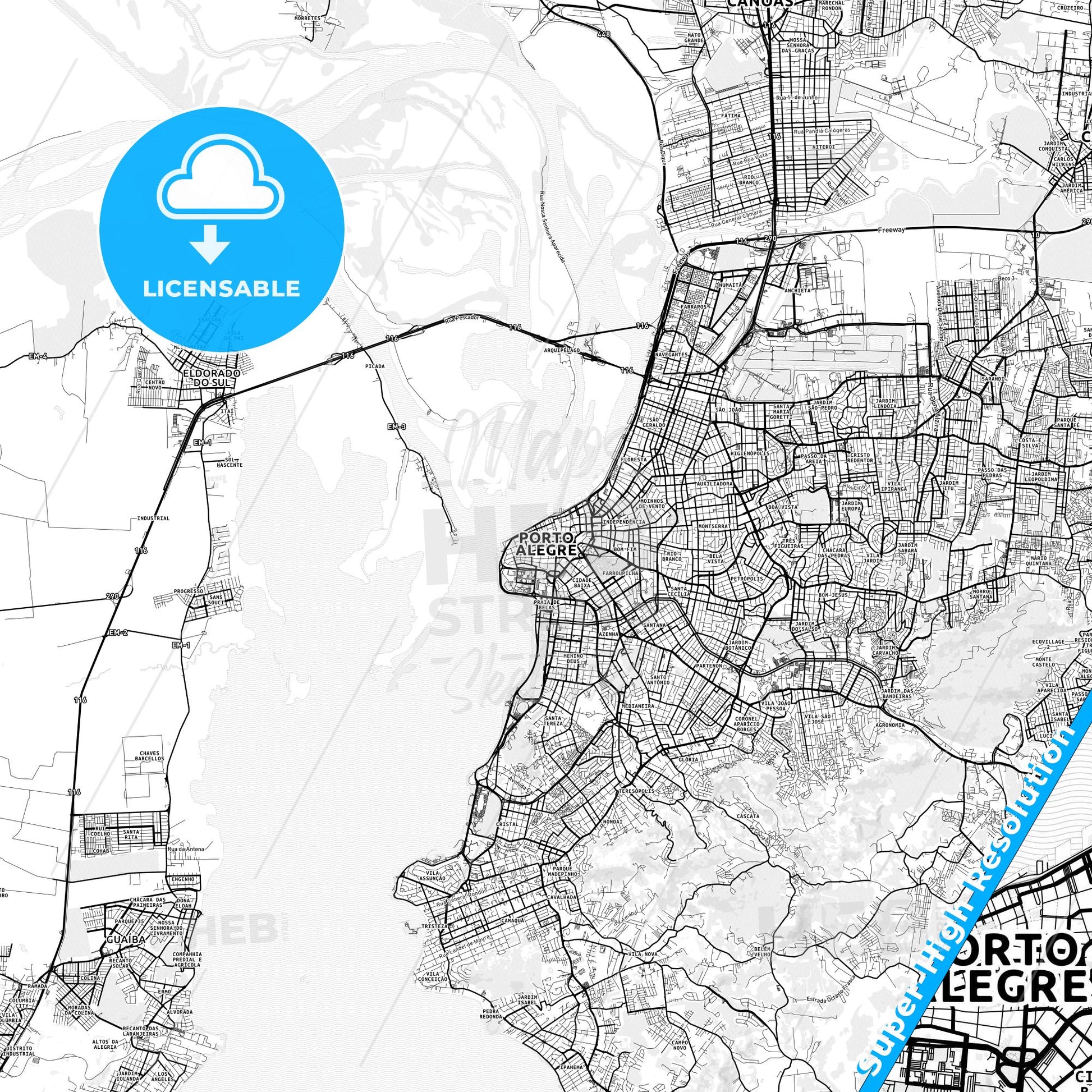 Porto Alegre, Brazil light map with streetnames, citynames and districts