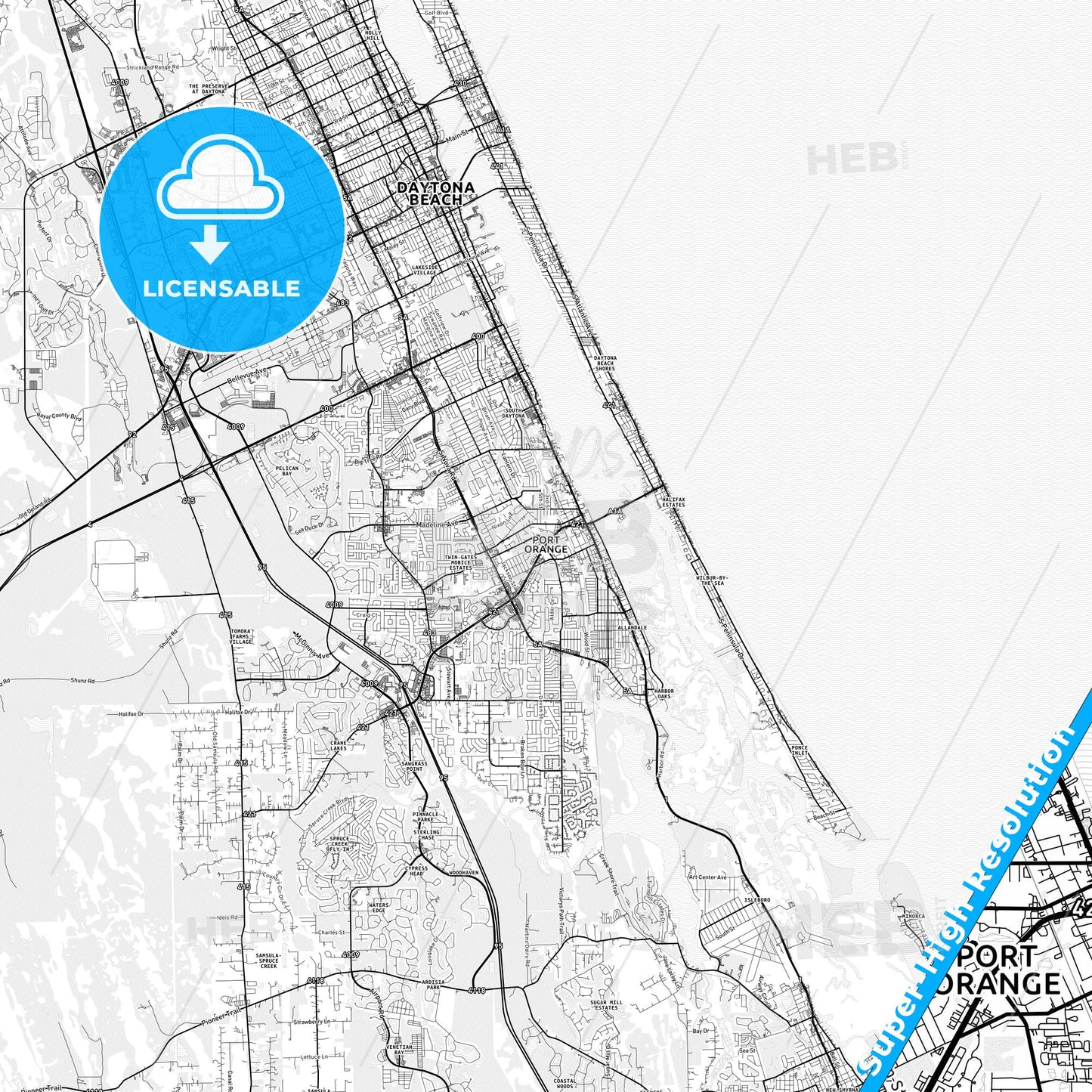 Port Orange, Florida light map with streetnames, citynames and districts
