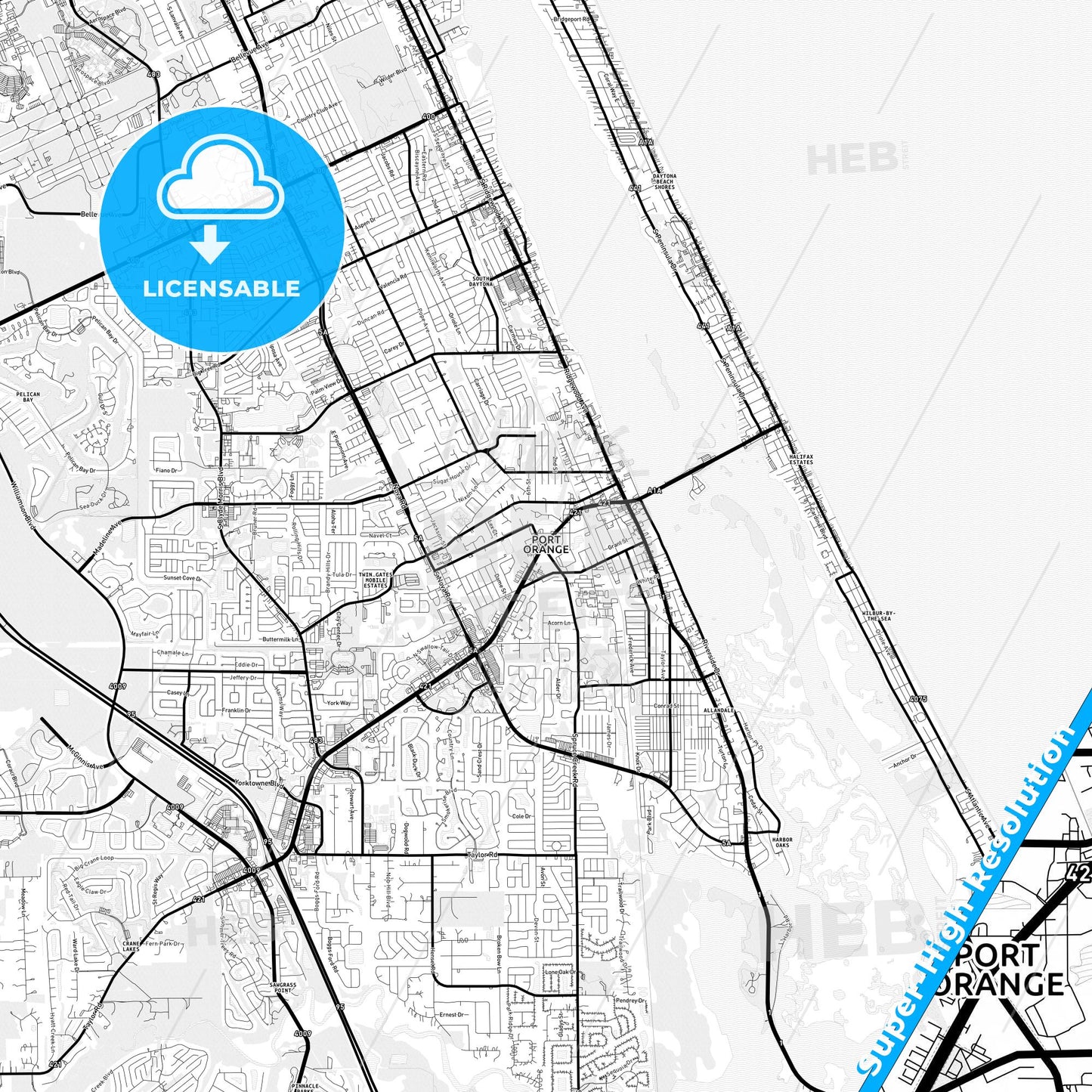 Port Orange, Florida Light Map with Street Names, City Names, and Districts