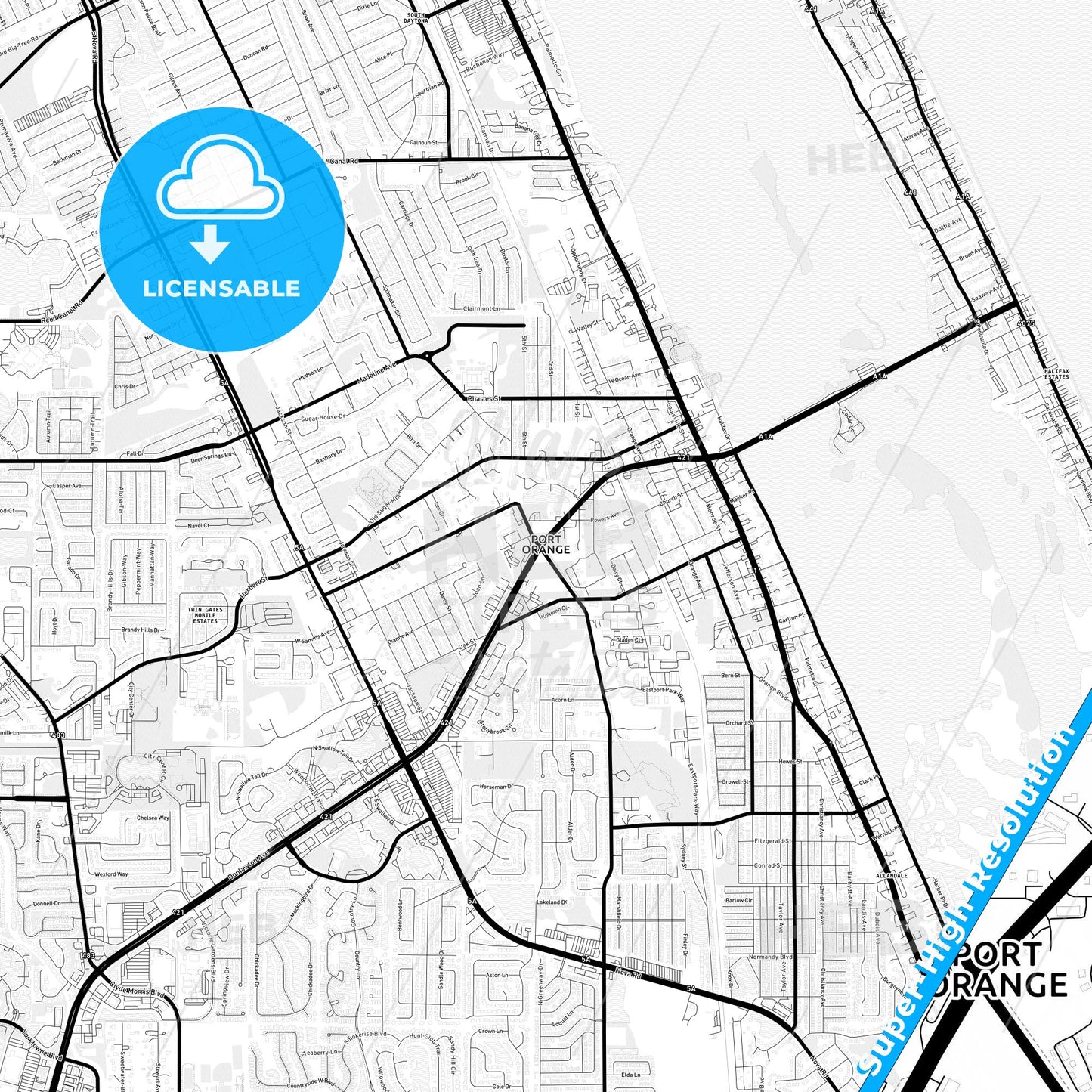 Port Orange, Florida Light Map with Street Names, City Names, and Districts