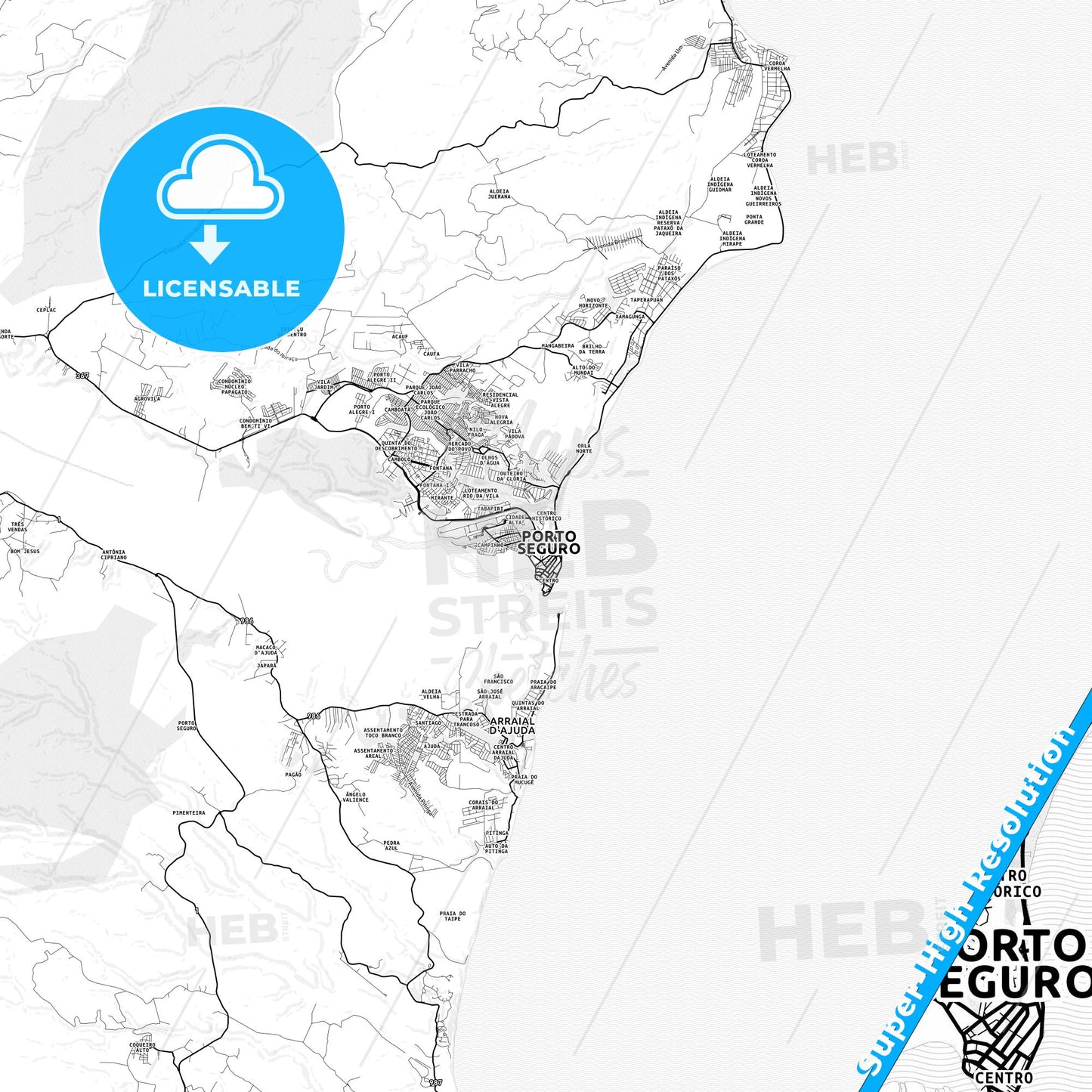Porto Seguro, Brazil light map with streetnames, citynames and districts