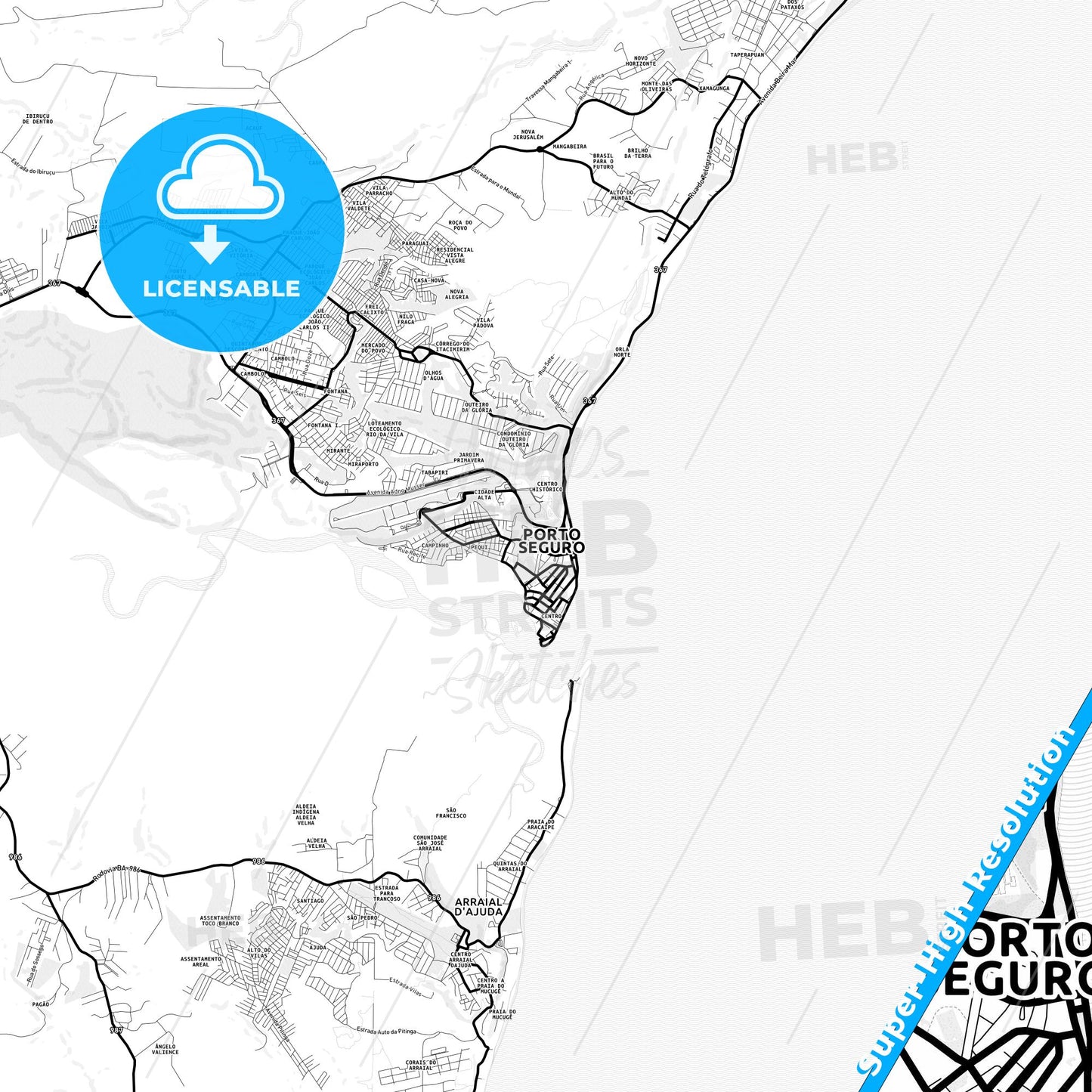 Porto Seguro, Brazil Light Map with Street Names, City Names, and Districts