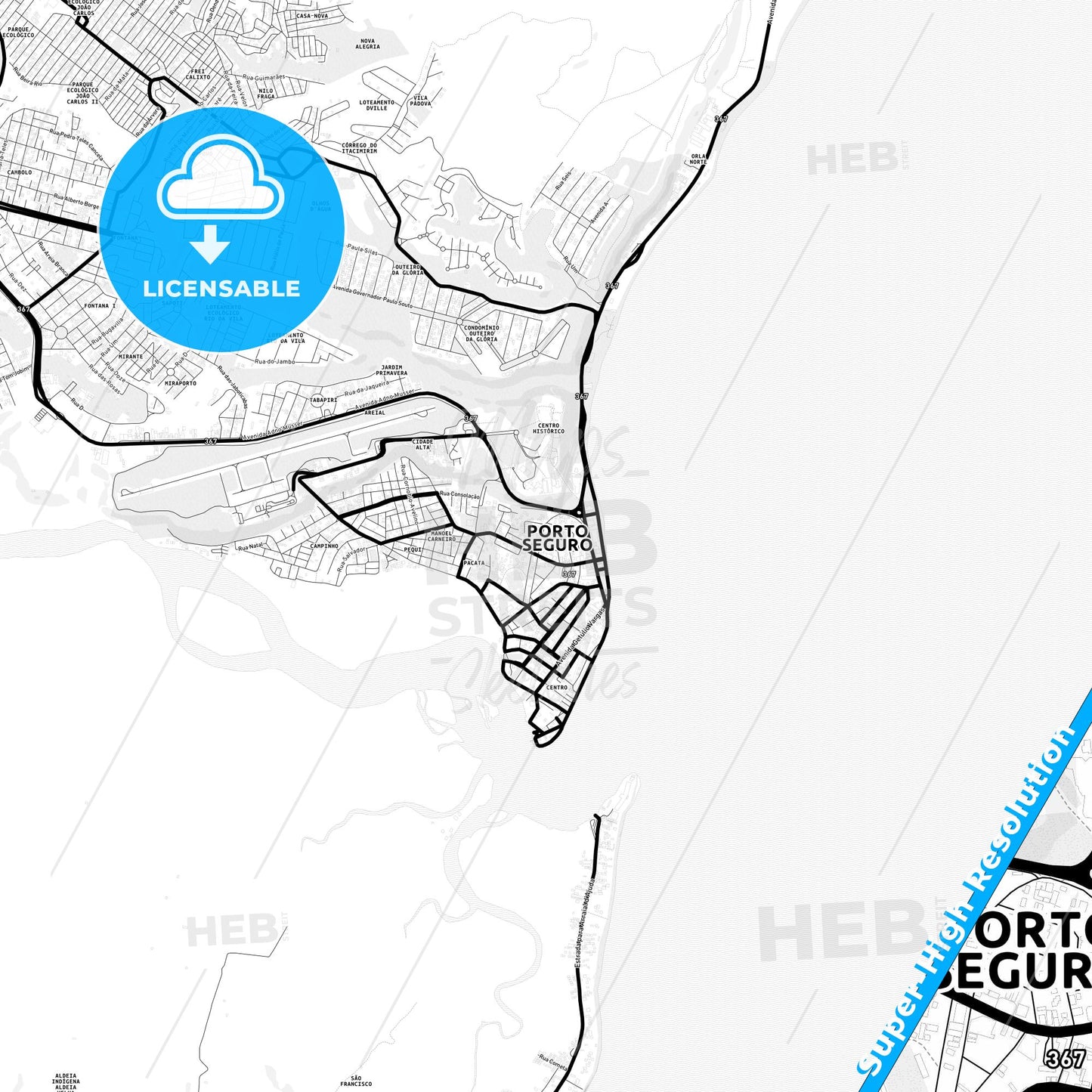 Porto Seguro, Brazil Light Map with Street Names, City Names, and Districts