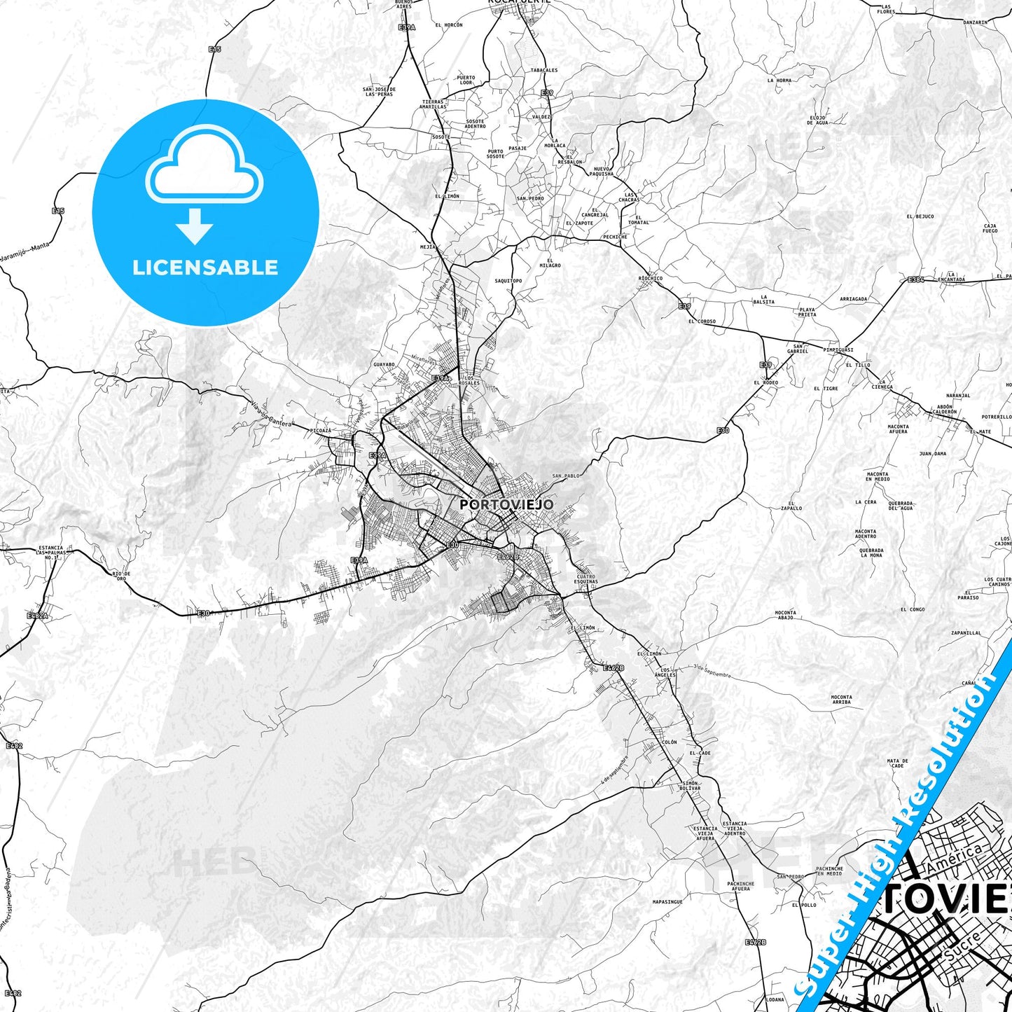 Portoviejo, Ecuador light map with streetnames, citynames and districts