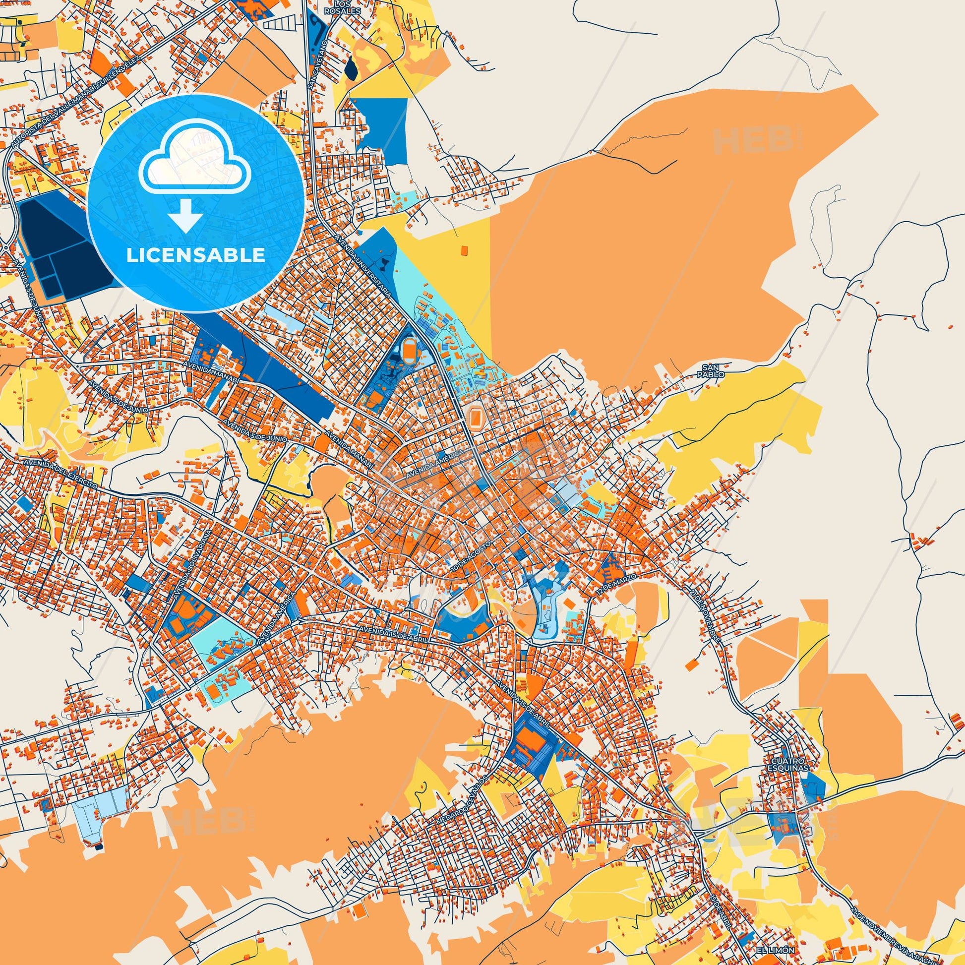 Colorful Portoviejo Street Map with Labels and Buildings