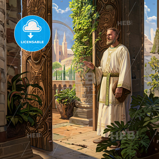 A Man In A White Robe Standing In A Doorway With Plants