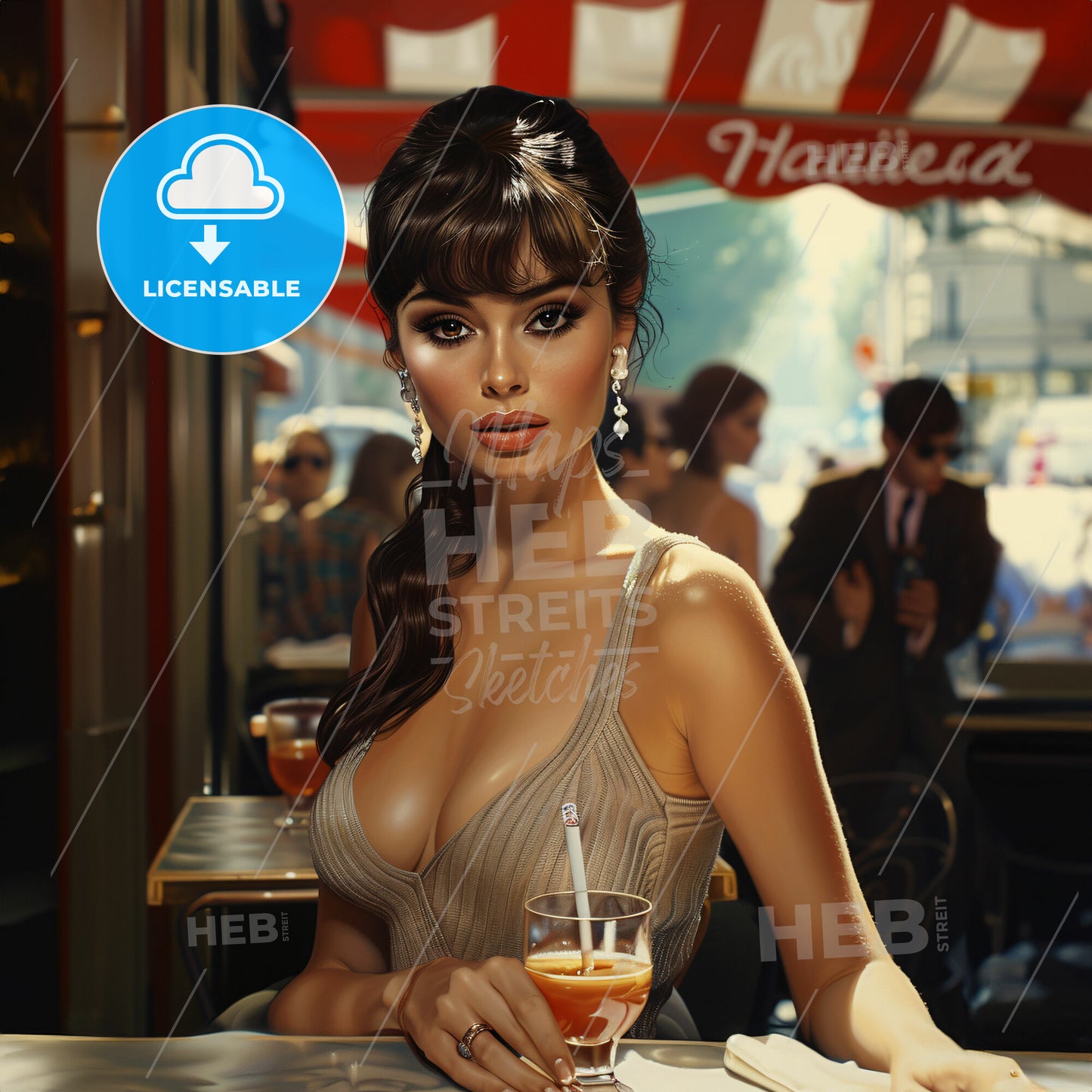 portrait of a beautiful woman in summer restaurant, sigarette in hand, summer sunny day, Paris, people in background, photorealism, colored phot - A woman sitting at a table