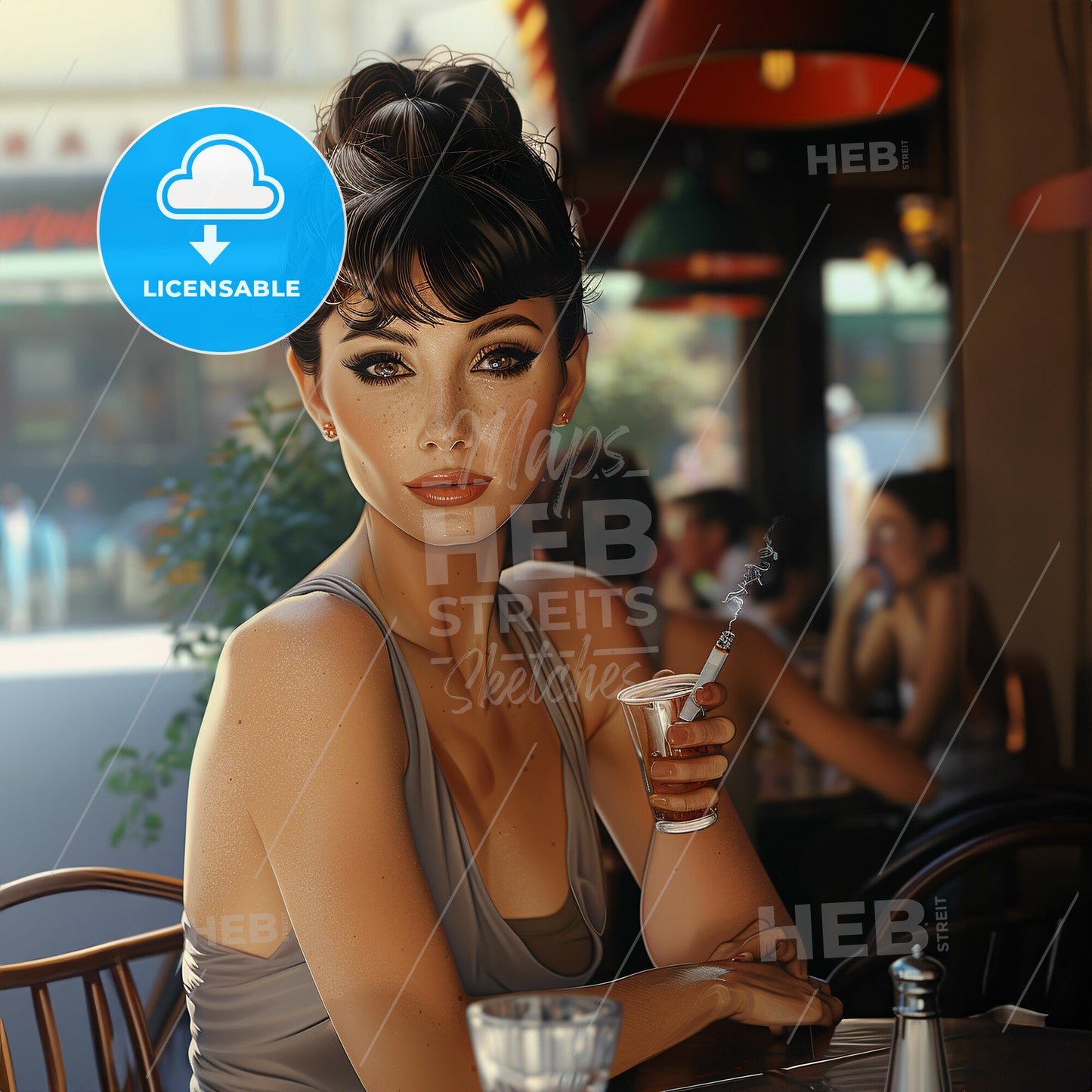 portrait of a beautiful woman in summer restaurant, sigarette in hand, summer sunny day, Paris, people in background, photorealism, colored phot - A woman sitting at a table