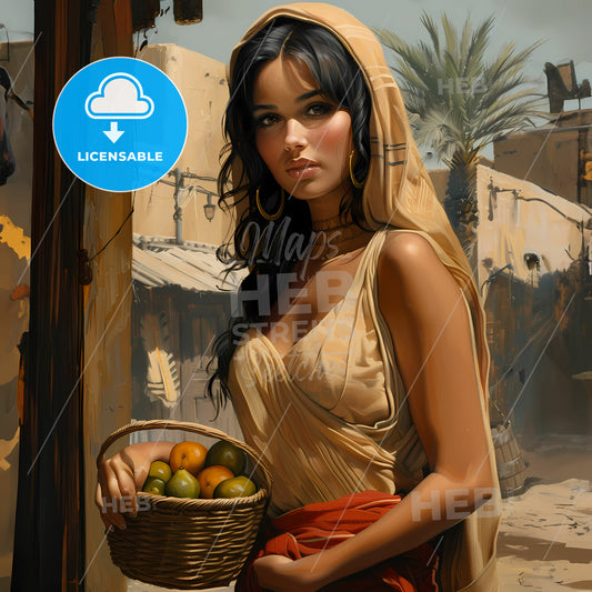portrait of a beautiful Moroccan woman  - A woman holding a basket of fruit
