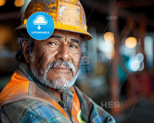 Vibrant Canvas Portrait: Construction Supervisor in Hard Hat and Safety Vest, Amidst Modern Industrial Setting