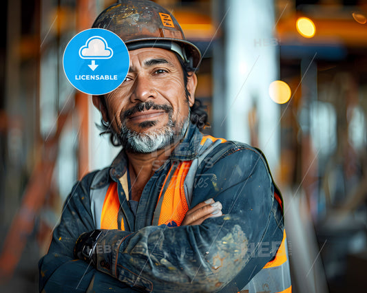 Construction Supervisor Portrait: Vibrant Painting with Hispanic Male Worker in Hard Hat, Vest, and Metal Framing Background