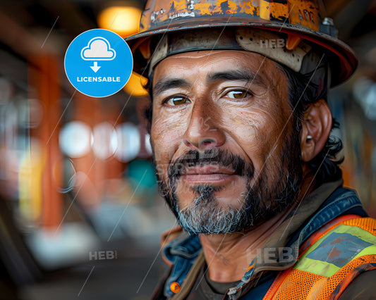 Artful Portrait of a Seasoned Construction Supervisor in Hard Hat and Vest Amidst Vibrant Industrial Tapestry