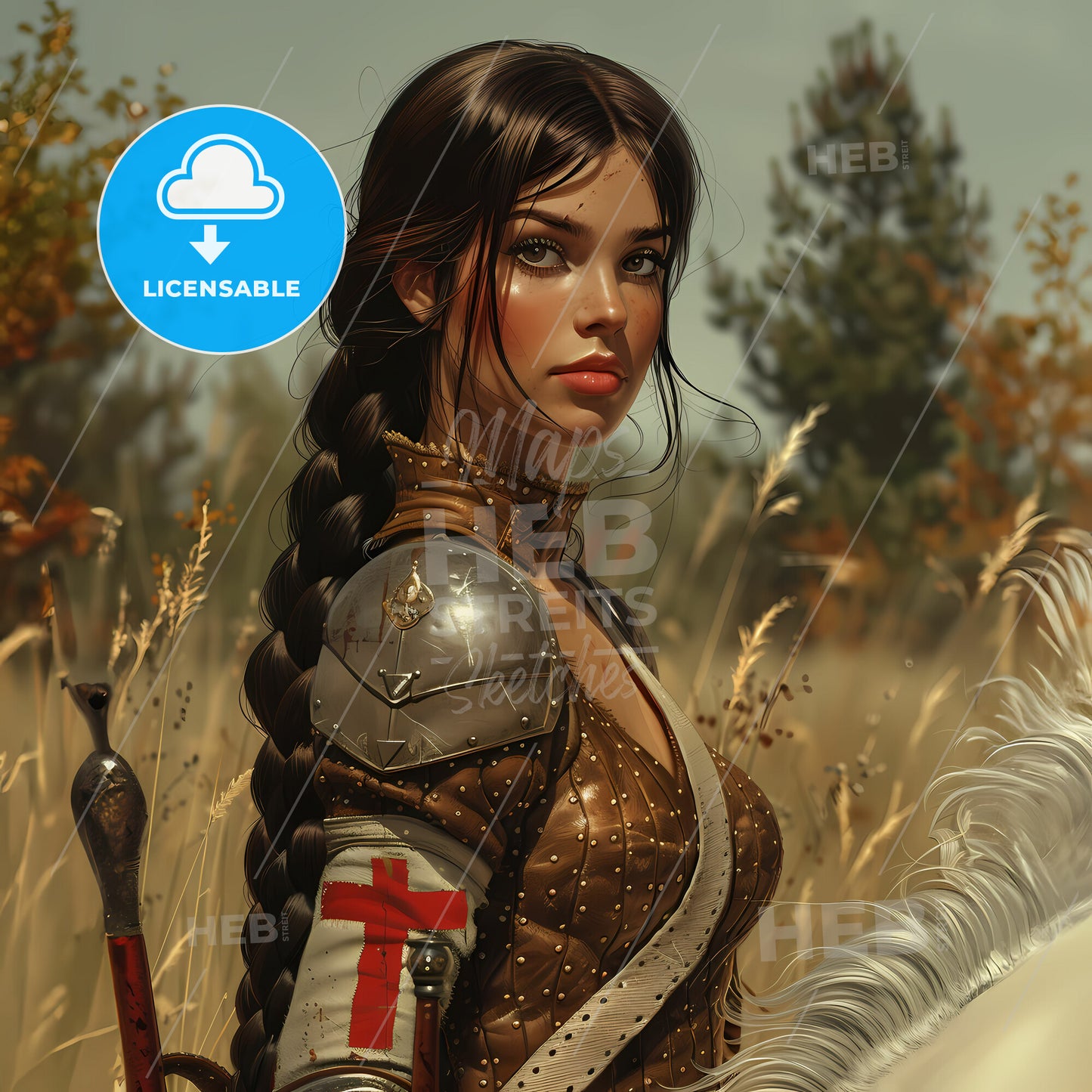 Portrait Of Joan Of Arc As Knight Riding A White Horse - A Woman In Armor With A Sword And A Horse