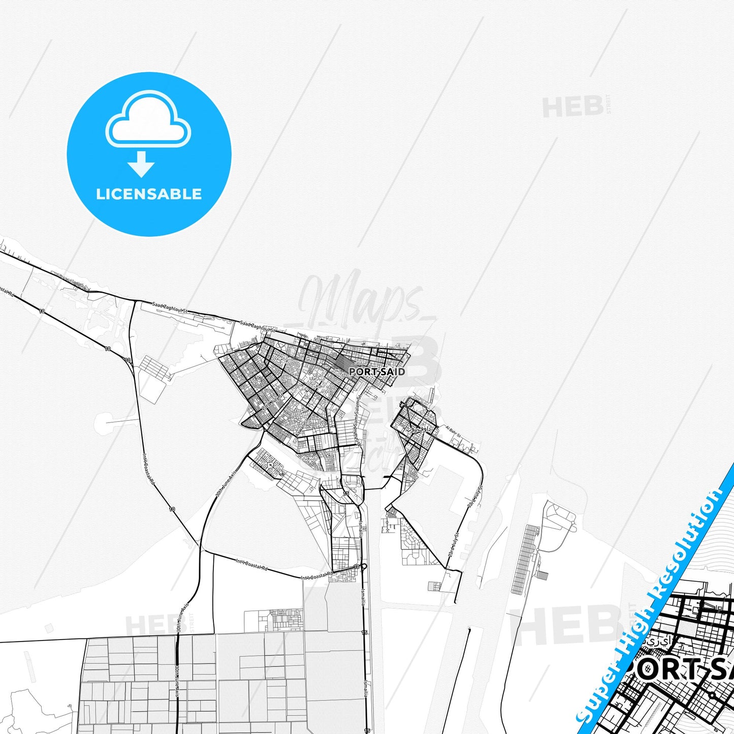 Port Said, Egypt light map with streetnames, citynames and districts