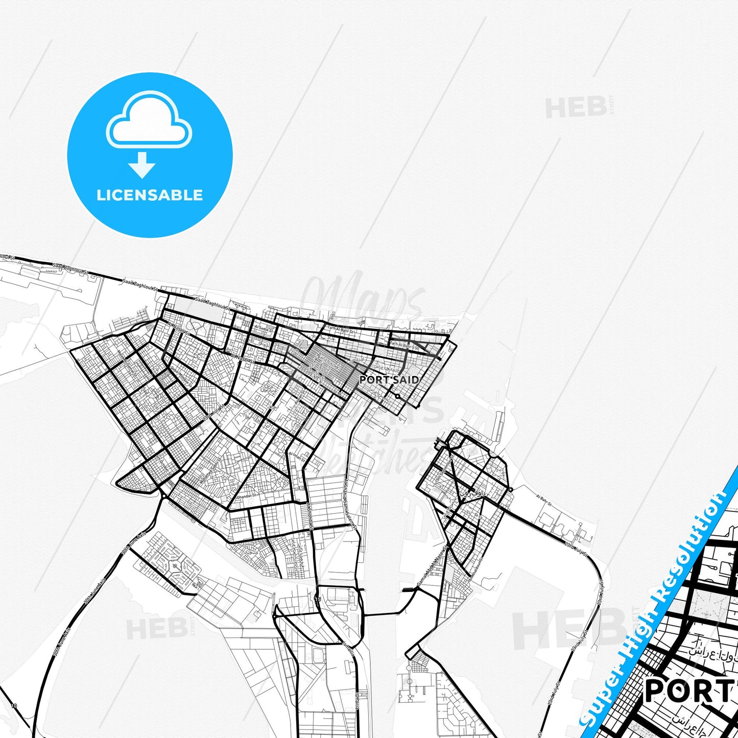 Port Said, Egypt Light Map with Street Names, City Names, and Districts