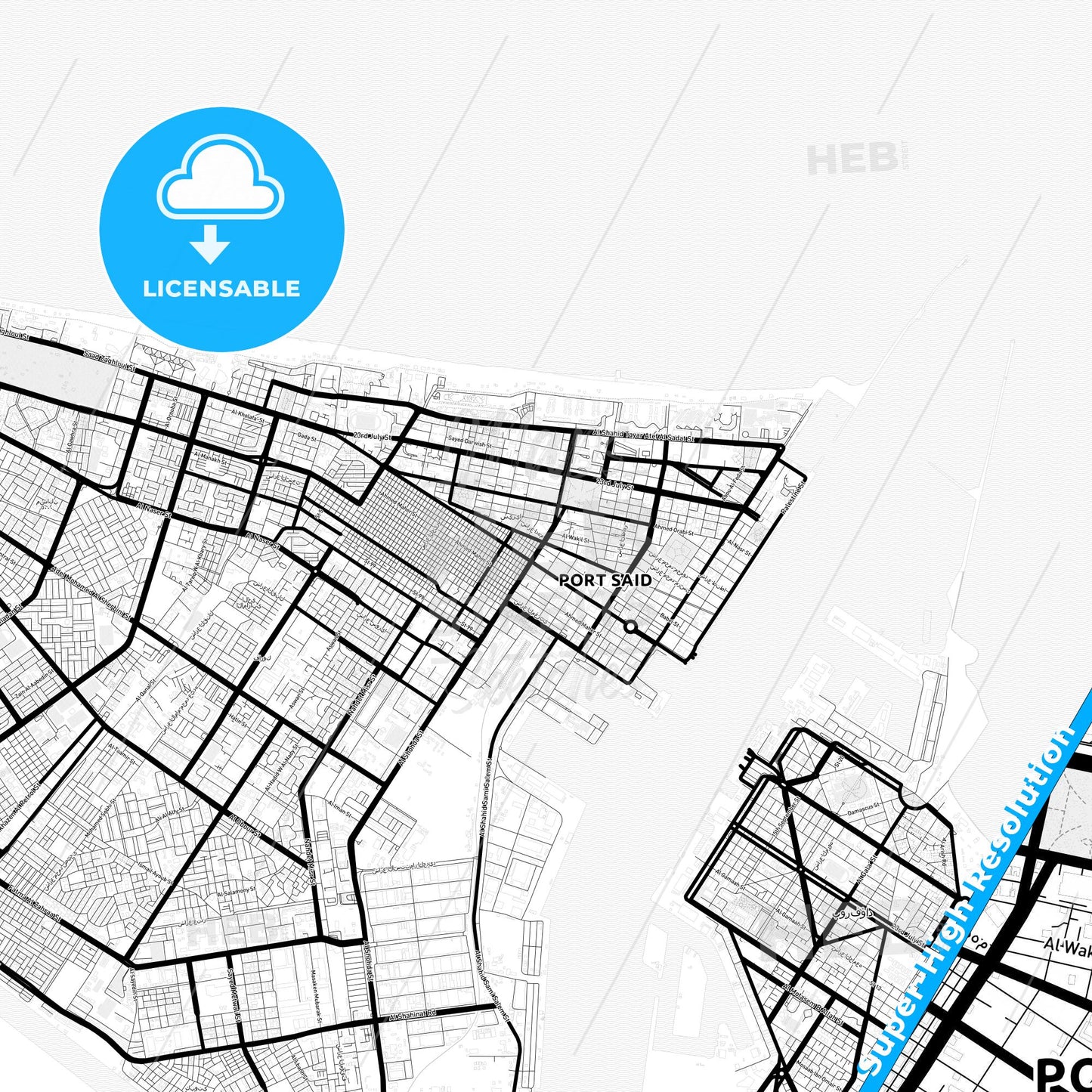Port Said, Egypt Light Map with Street Names, City Names, and Districts