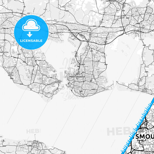 Portsmouth, England light map with streetnames, citynames and districts