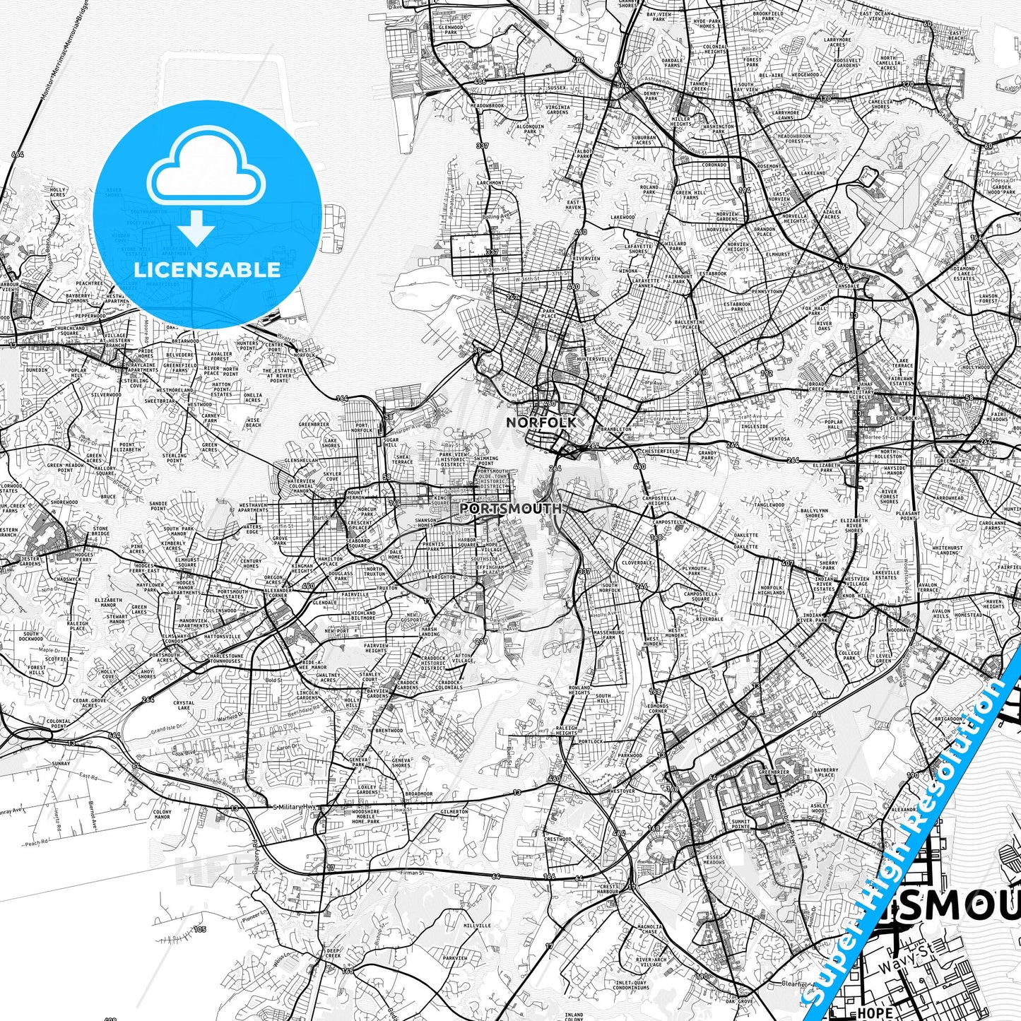 Portsmouth, Virginia light map with streetnames, citynames and districts