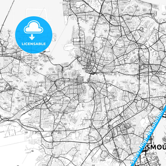 Portsmouth, Virginia light map with streetnames, citynames and districts