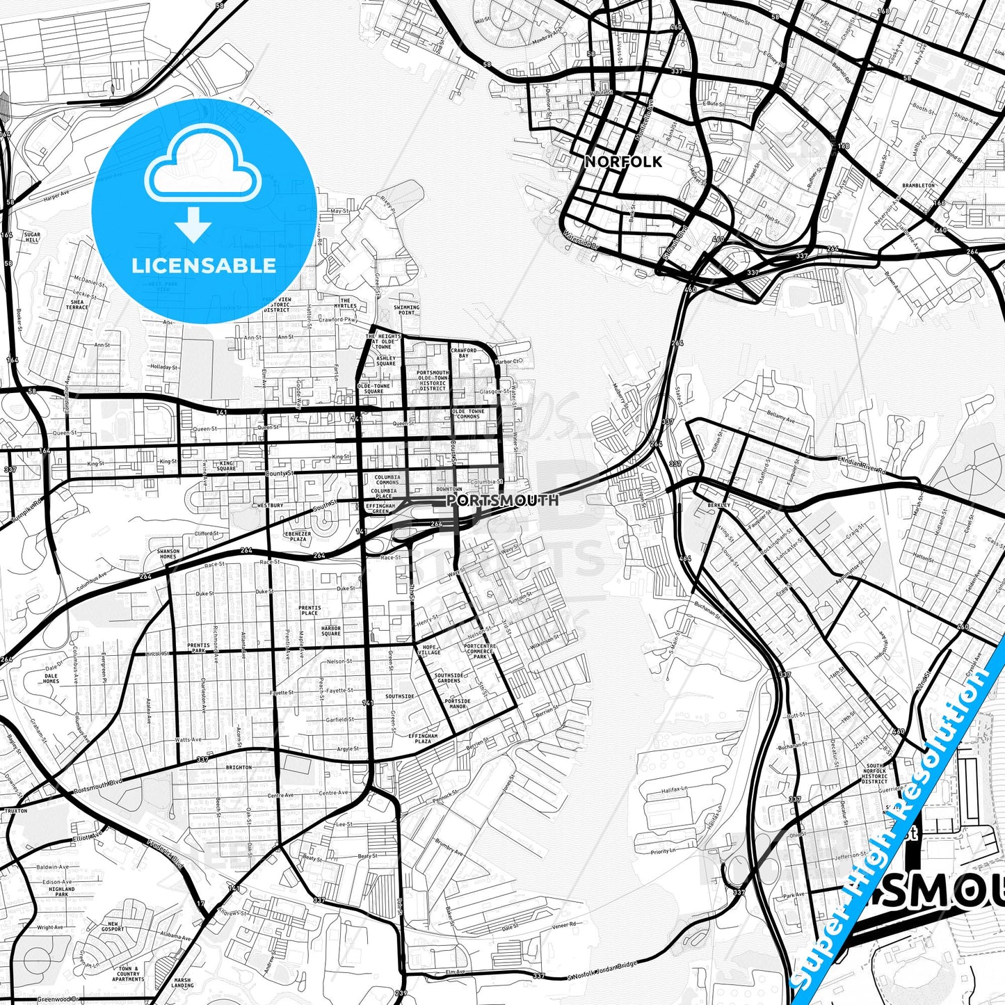 Portsmouth, Virginia Light Map with Street Names, City Names, and Districts
