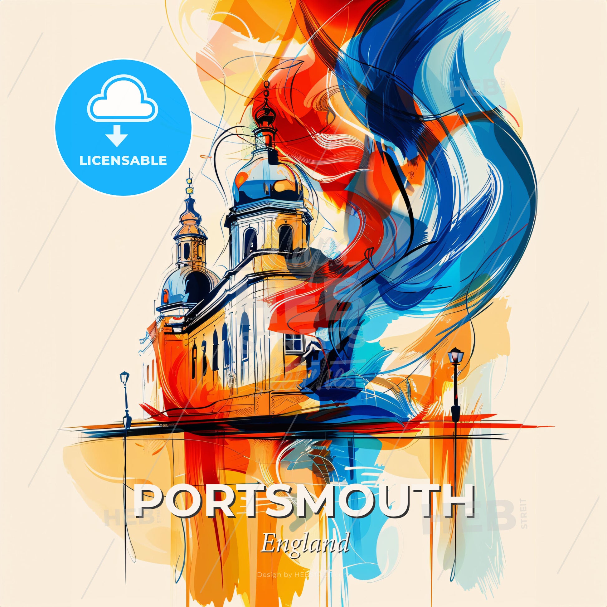 Vibrant Portsmouth, England - A Painting Of A Skyline With A Colorful Building - Square format print template