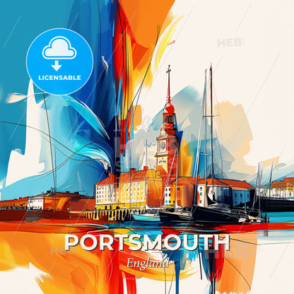 Vibrant Portsmouth, England - A Painting Of A City With Boats And Buildings - Square format print template