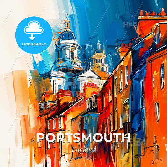 Vibrant Portsmouth, England - A Painting Of A Skyline With A Colorful Building - Square format print template
