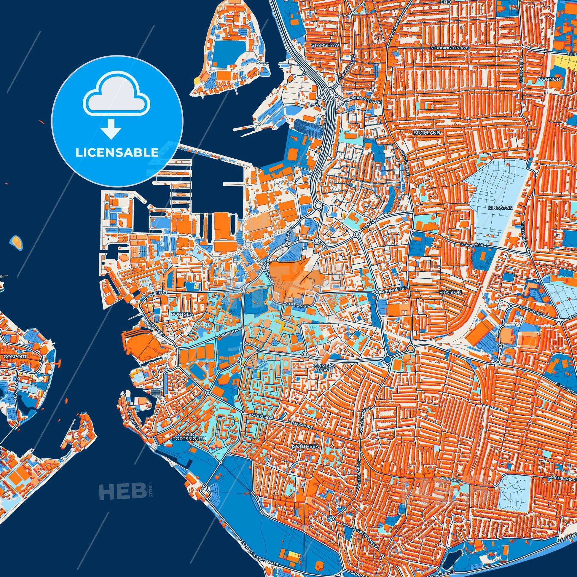 Colorful Portsmouth Street Map with Labels and Buildings