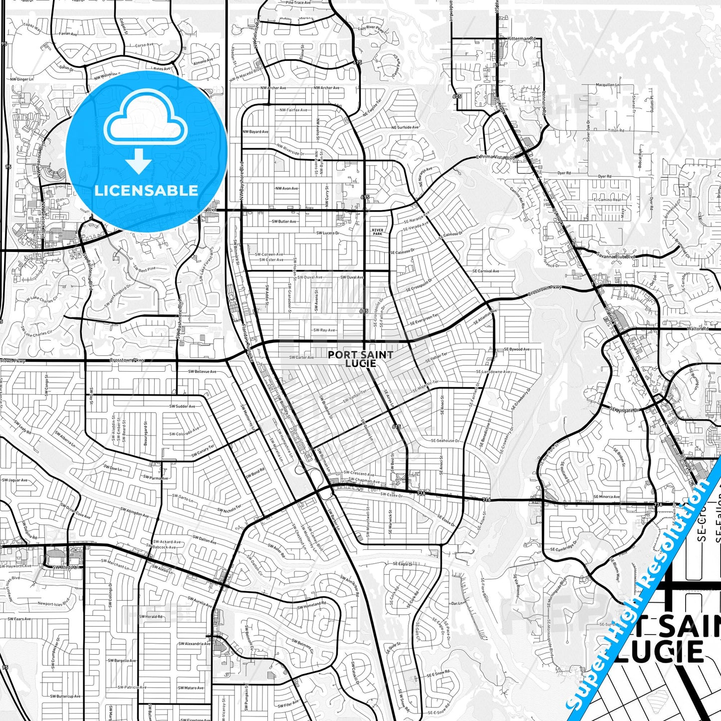 Port St. Lucie, Florida Light Map with Street Names, City Names, and Districts