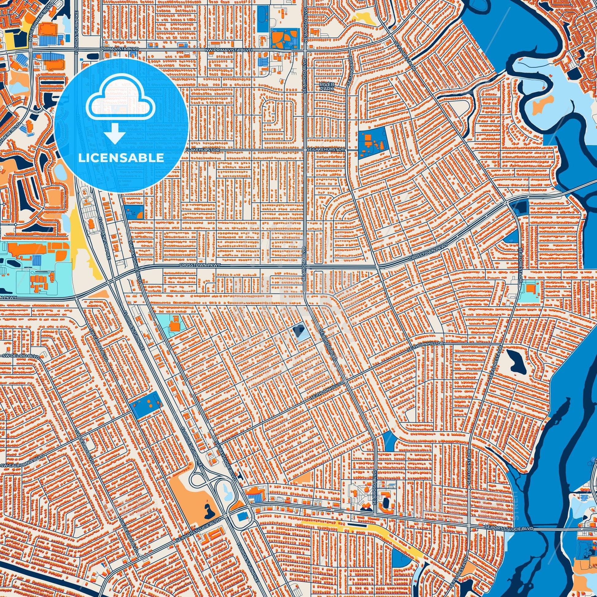 Colorful Port St. Lucie Street Map with Labels and Buildings